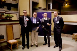 At the Tucker Design Awards presentation (l. to r.): John Grubb, president, BSI; Duffe Elkins, COO, Indiana Limestone; Peter Morris Dixon, Director of External Communications, RAMSA; Tom Quigley, CEO, Indiana Limestone. 